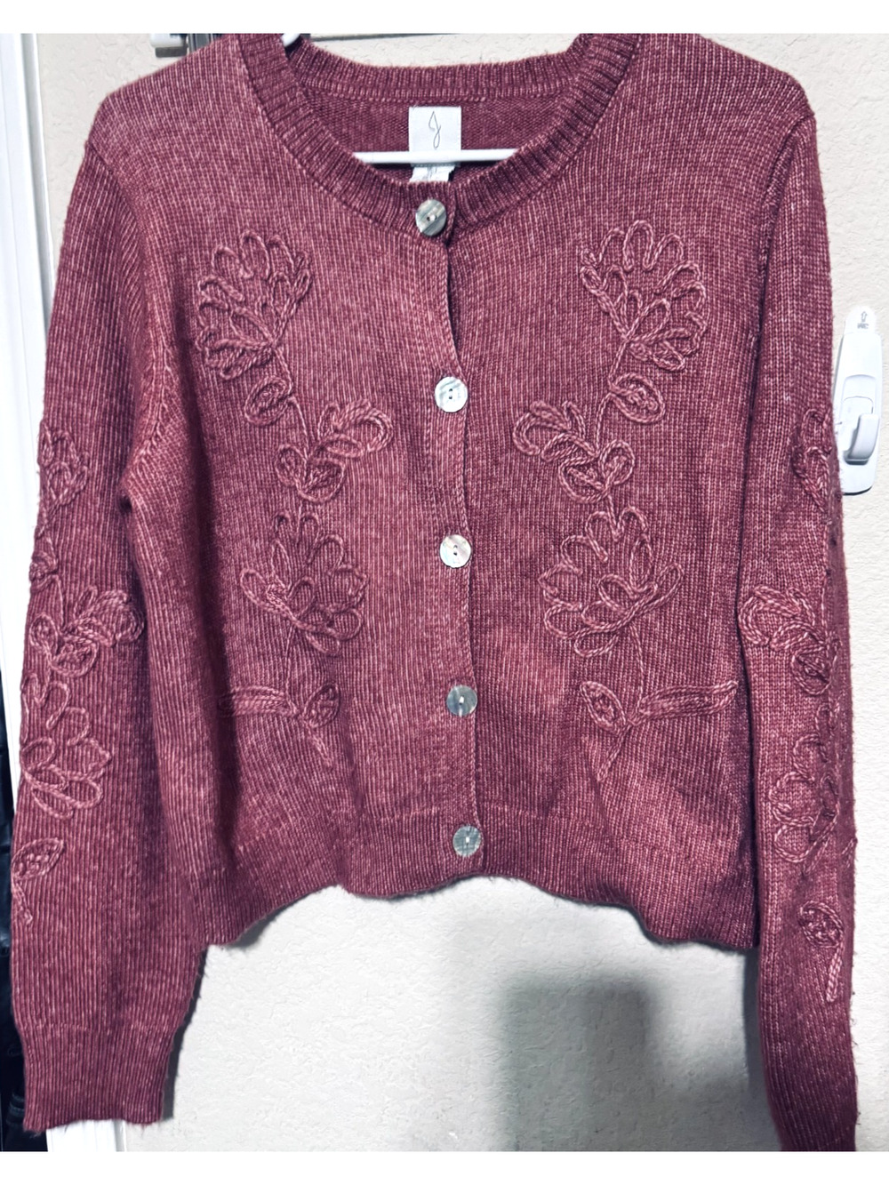 Joie Dusty Rose Pink Embroidered Floral Sweater Cardigan Size L Button cropped